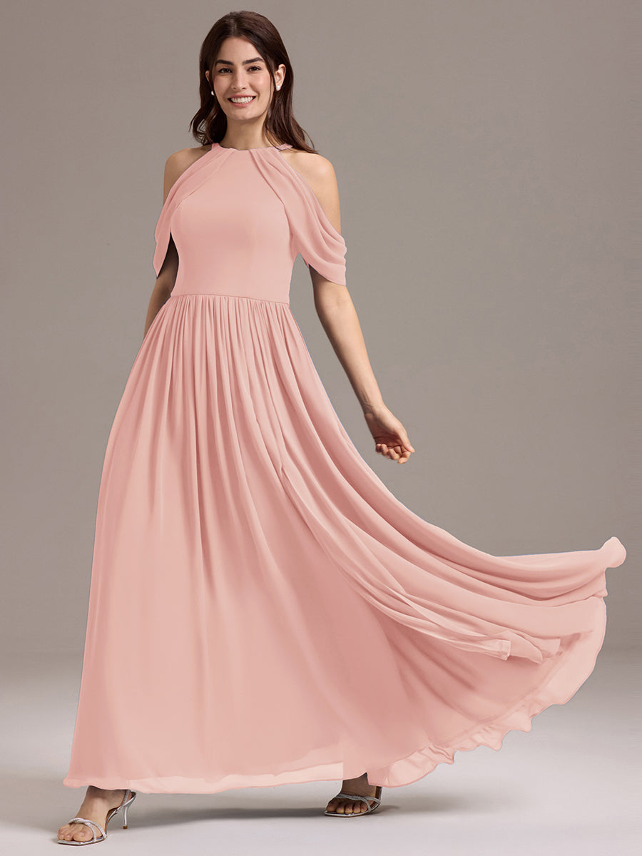 Robe de demoiselle d'honneur longue en mousseline à épaules dénudées et fente haute #Couleur_Rose