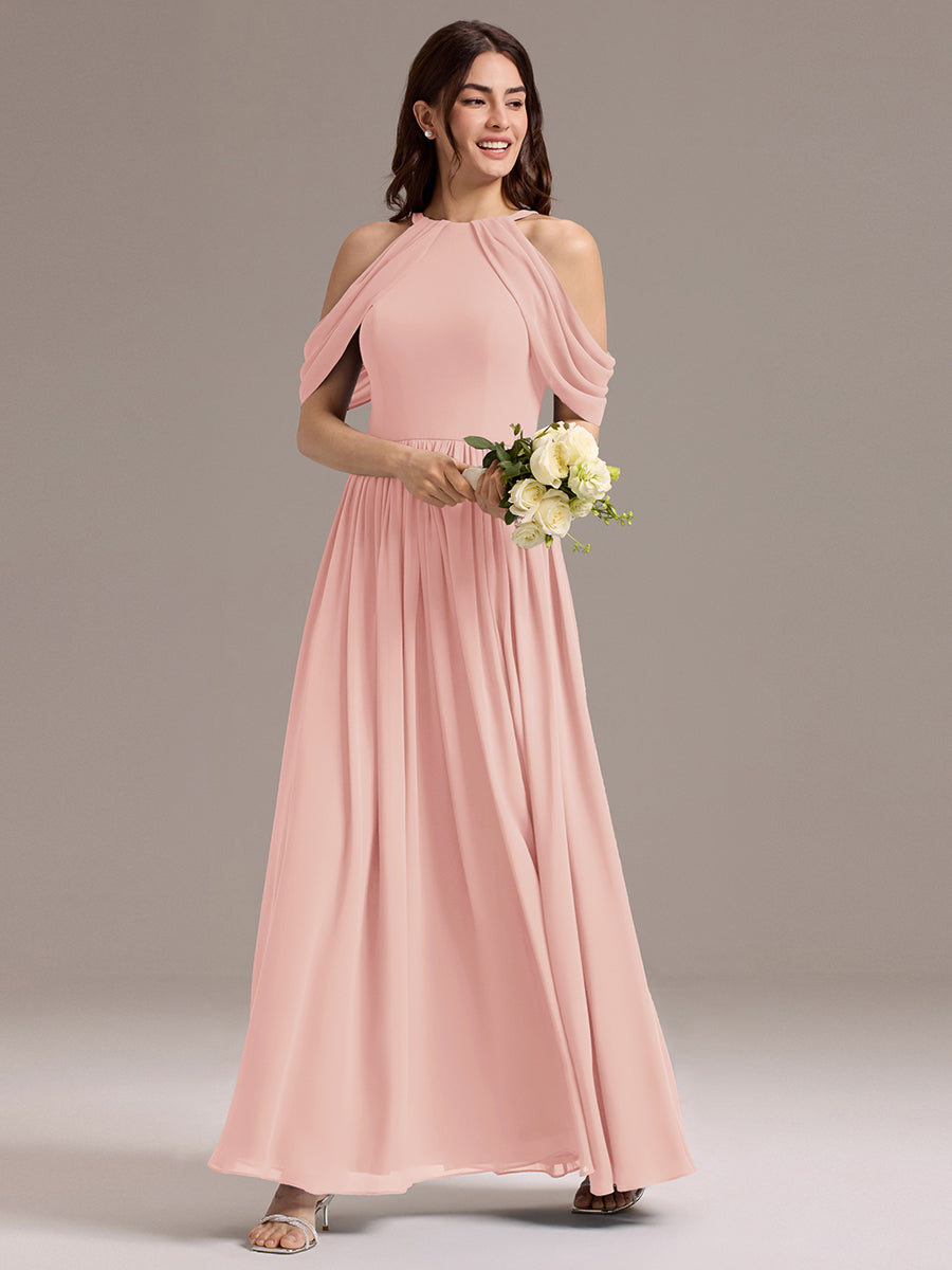 Robe de demoiselle d'honneur longue en mousseline à épaules dénudées et fente haute #Couleur_Rose