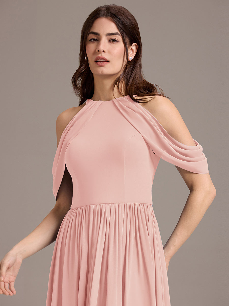 Robe de demoiselle d'honneur longue en mousseline à épaules dénudées et fente haute #Couleur_Rose