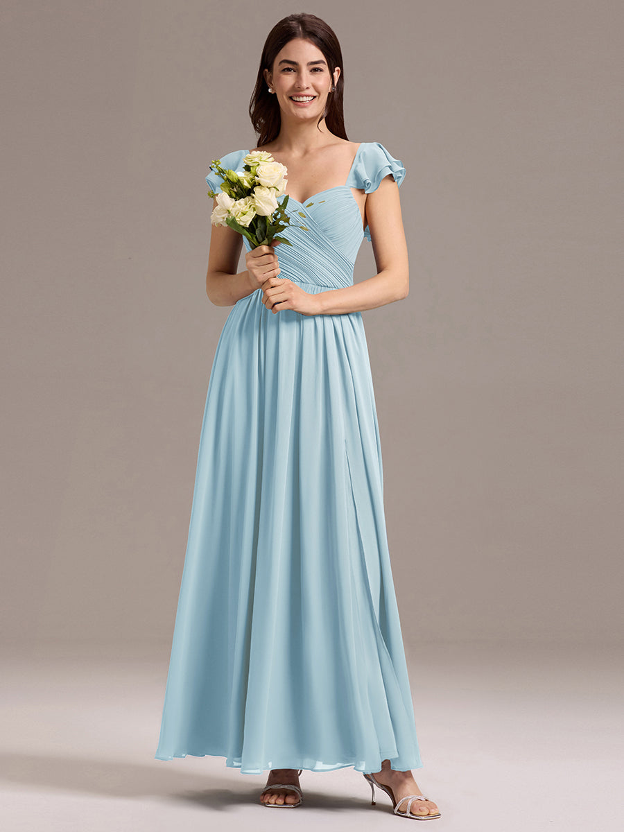 Robe de demoiselle d'honneur longue en mousseline de soie à col en cœur et volants #Couleur_Bleu Ciel