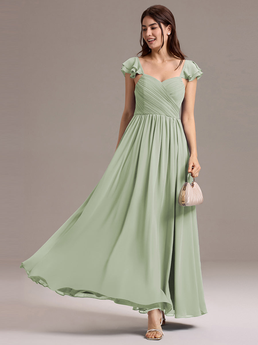 Robe de demoiselle d'honneur longue en mousseline de soie à col en cœur et volants #Couleur_Menthe Verte