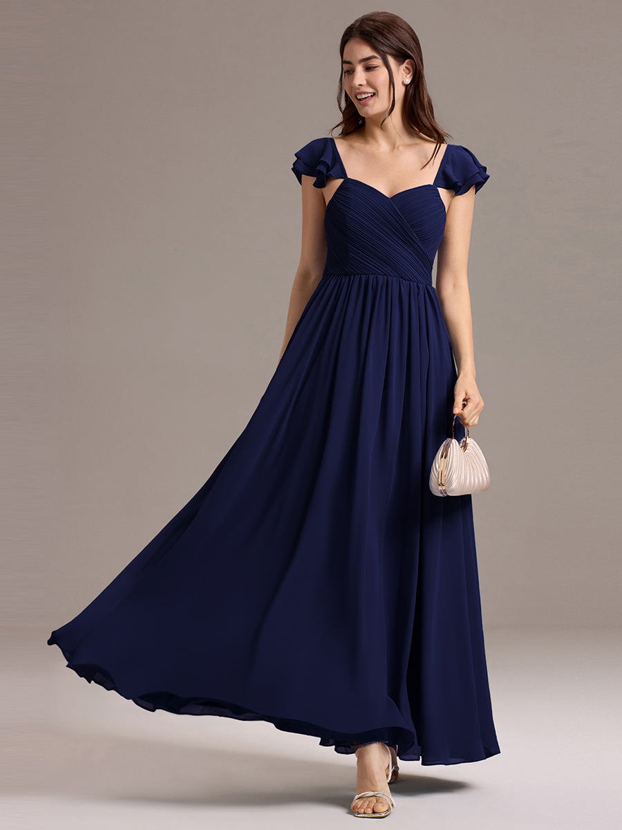 Robe de demoiselle d'honneur longue en mousseline de soie à col en cœur et volants #Couleur_Bleu Marine