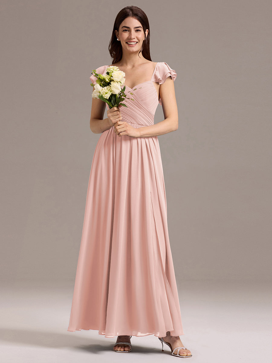 Robe de demoiselle d'honneur longue en mousseline de soie à col en cœur et volants #Couleur_Rose
