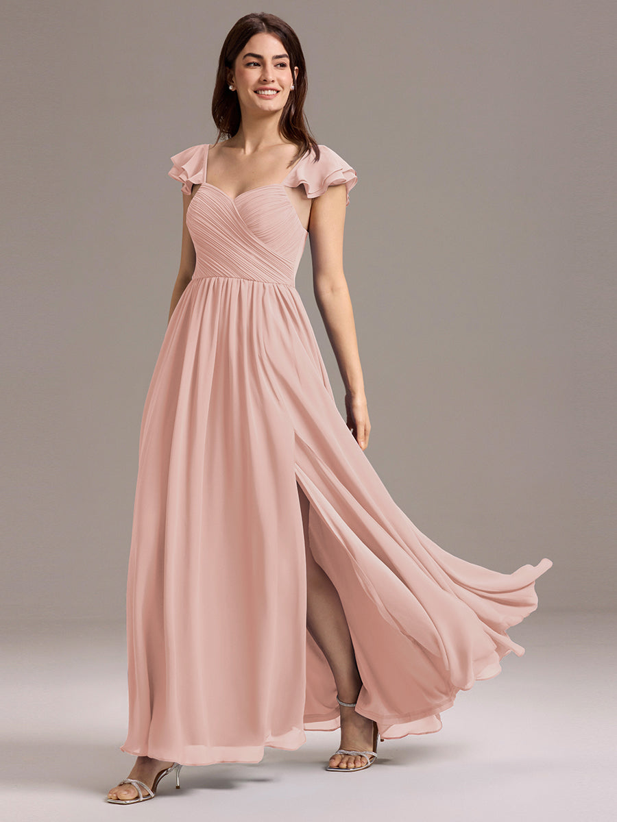 Robe de demoiselle d'honneur longue en mousseline de soie à col en cœur et volants #Couleur_Rose
