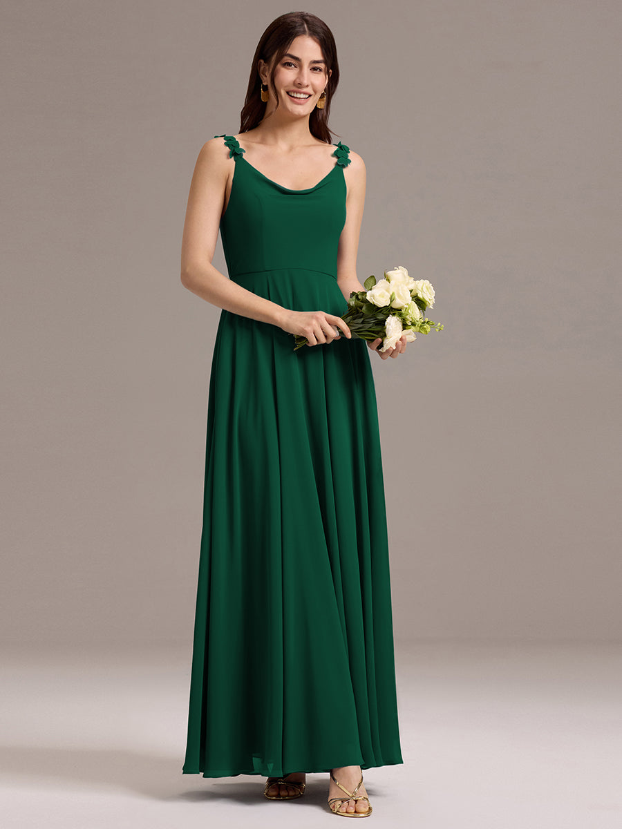 Robe de demoiselle d'honneur en mousseline sans bretelles à col montant et poche #Couleur_Vert Fonce