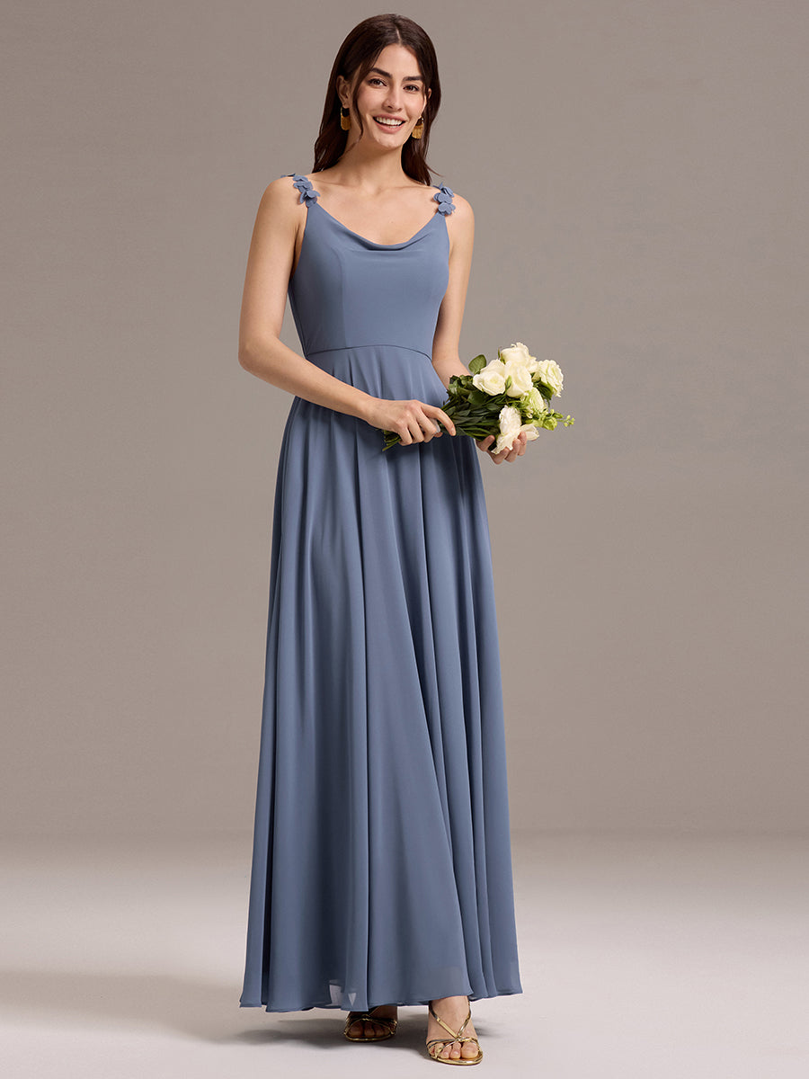Robe de demoiselle d'honneur en mousseline sans bretelles à col montant et poche #Couleur_Marine Fume