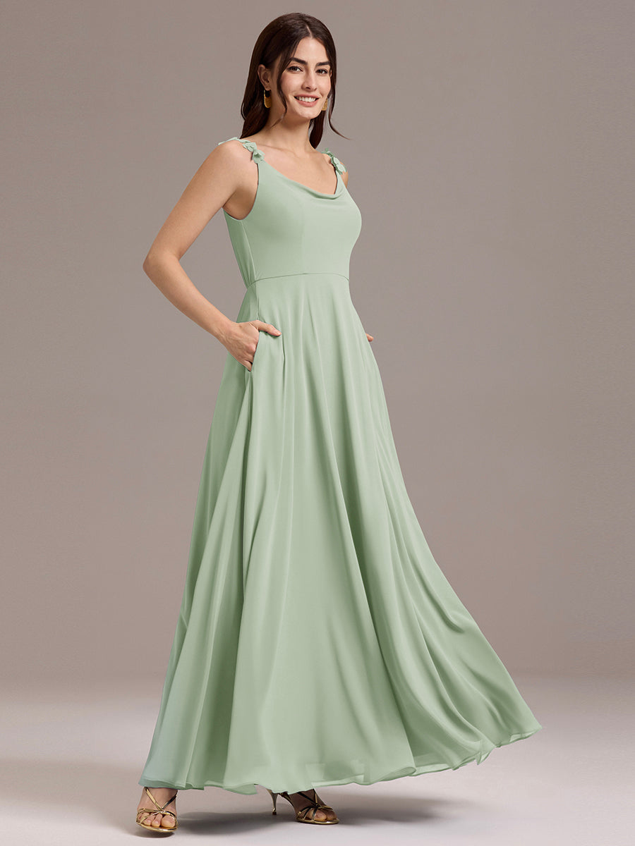 Robe de demoiselle d'honneur en mousseline sans bretelles à col montant et poche #Couleur_Menthe Verte