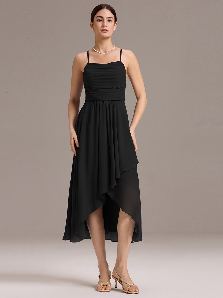 Robe de demoiselle d'honneur mi-longue plissée à bretelles spaghetti et coupe carrée #Couleur_Noir