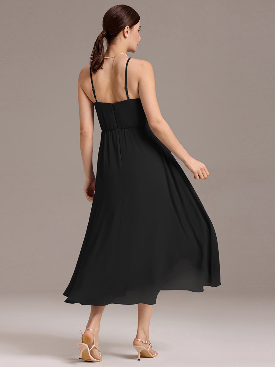 Robe de demoiselle d'honneur mi-longue plissée à bretelles spaghetti et coupe carrée #Couleur_Noir