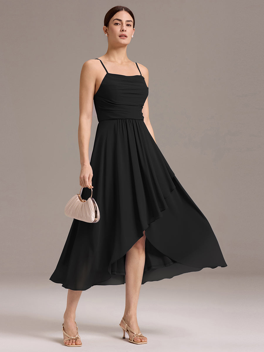 Robe de demoiselle d'honneur mi-longue plissée à bretelles spaghetti et coupe carrée #Couleur_Noir