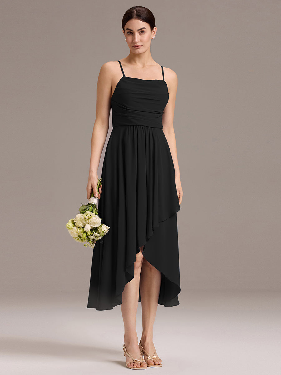 Robe de demoiselle d'honneur mi-longue plissée à bretelles spaghetti et coupe carrée #Couleur_Noir