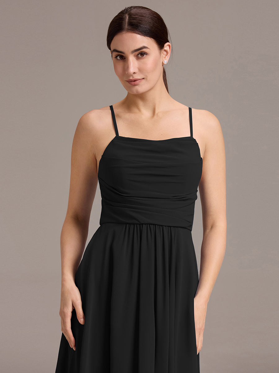 Robe de demoiselle d'honneur mi-longue plissée à bretelles spaghetti et coupe carrée #Couleur_Noir