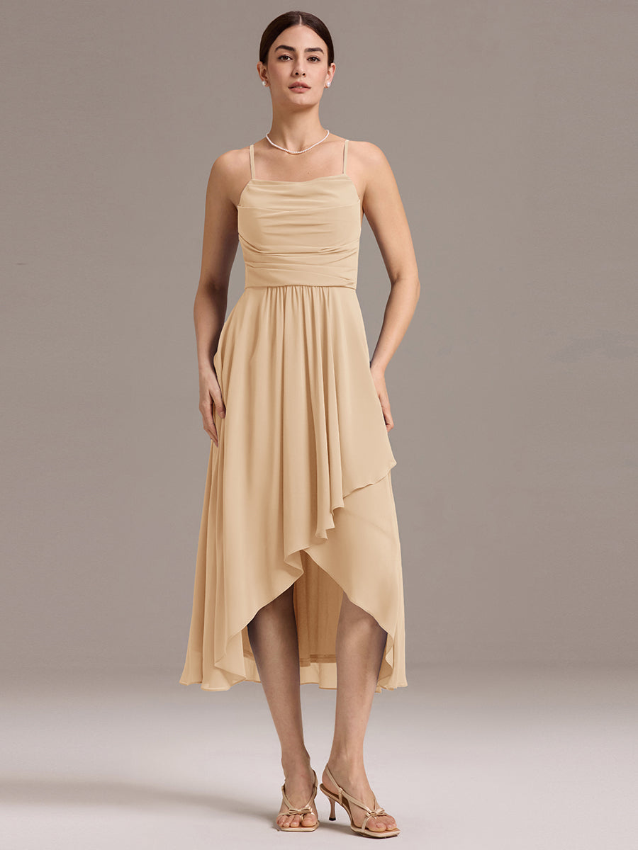 Robe de demoiselle d'honneur mi-longue plissée à bretelles spaghetti et coupe carrée #Couleur_Charbon