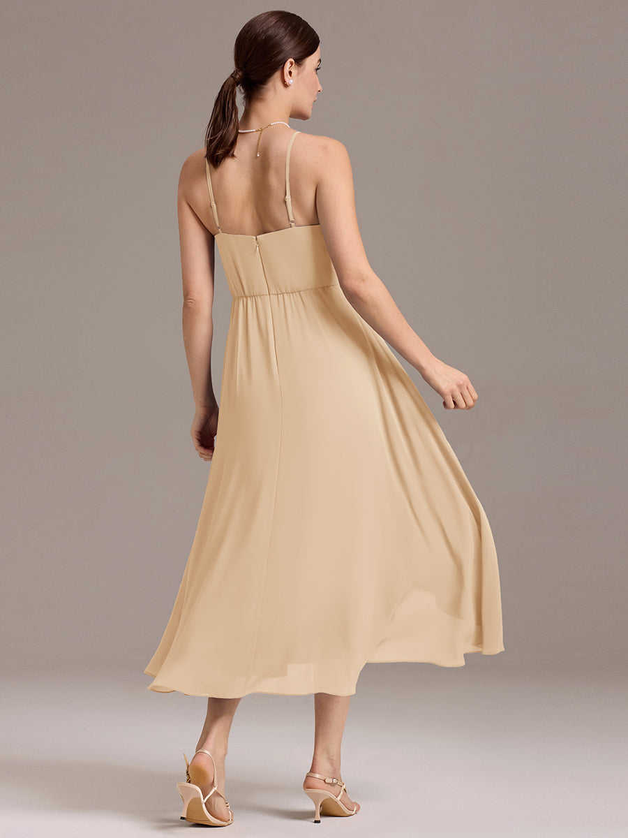 Robe de demoiselle d'honneur mi-longue plissée à bretelles spaghetti et coupe carrée #Couleur_Charbon