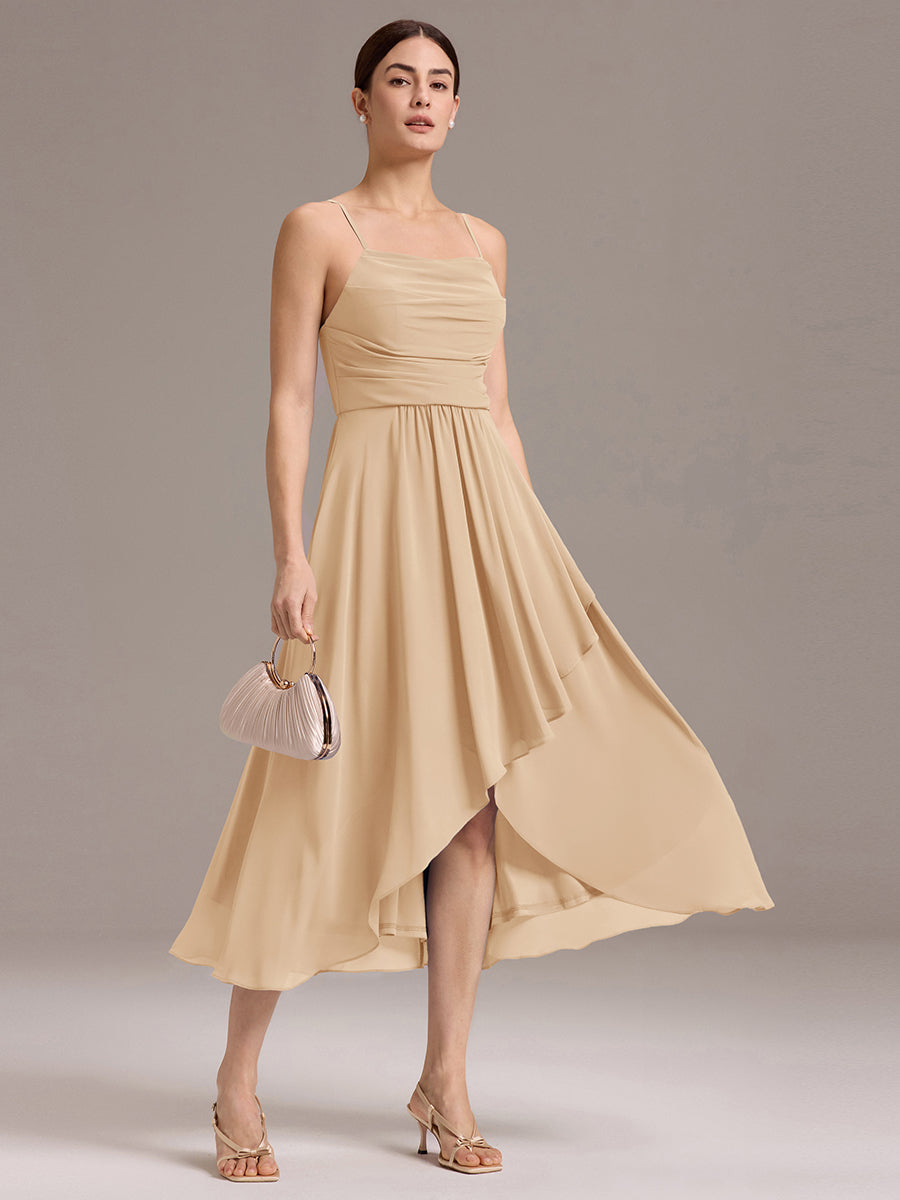 Robe de demoiselle d'honneur mi-longue plissée à bretelles spaghetti et coupe carrée #Couleur_Charbon