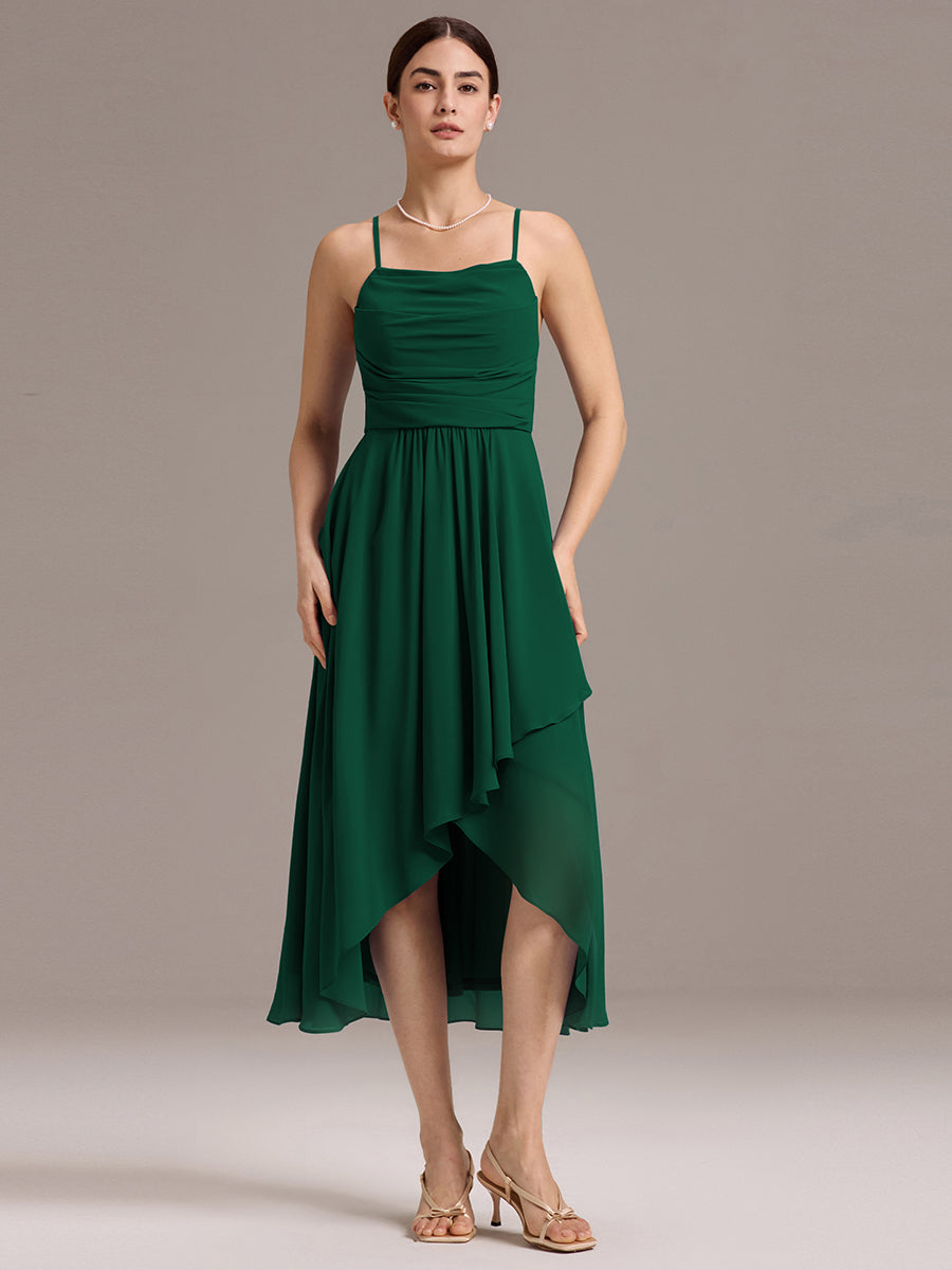 Robe de demoiselle d'honneur mi-longue plissée à bretelles spaghetti et coupe carrée #Couleur_Vert Fonce
