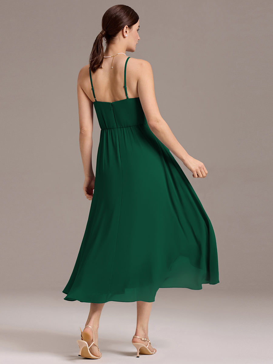 Robe de demoiselle d'honneur mi-longue plissée à bretelles spaghetti et coupe carrée #Couleur_Vert Fonce