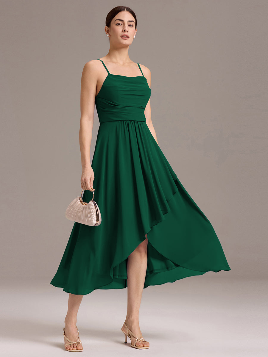 Robe de demoiselle d'honneur mi-longue plissée à bretelles spaghetti et coupe carrée #Couleur_Vert Fonce