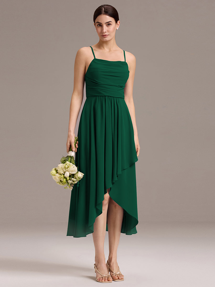 Robe de demoiselle d'honneur mi-longue plissée à bretelles spaghetti et coupe carrée #Couleur_Vert Fonce
