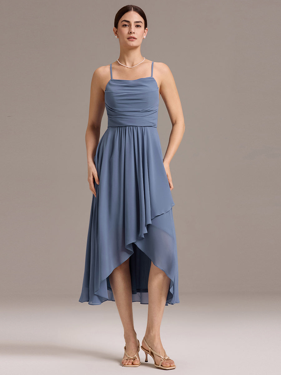 Robe de demoiselle d'honneur mi-longue plissée à bretelles spaghetti et coupe carrée #Couleur_Marine Fume
