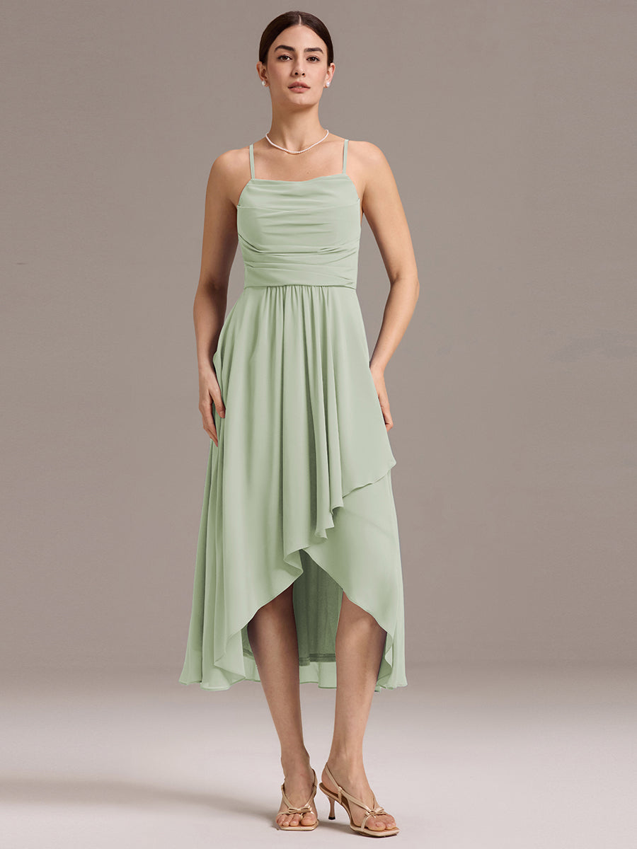 Robe de demoiselle d'honneur mi-longue plissée à bretelles spaghetti et coupe carrée #Couleur_Menthe Verte