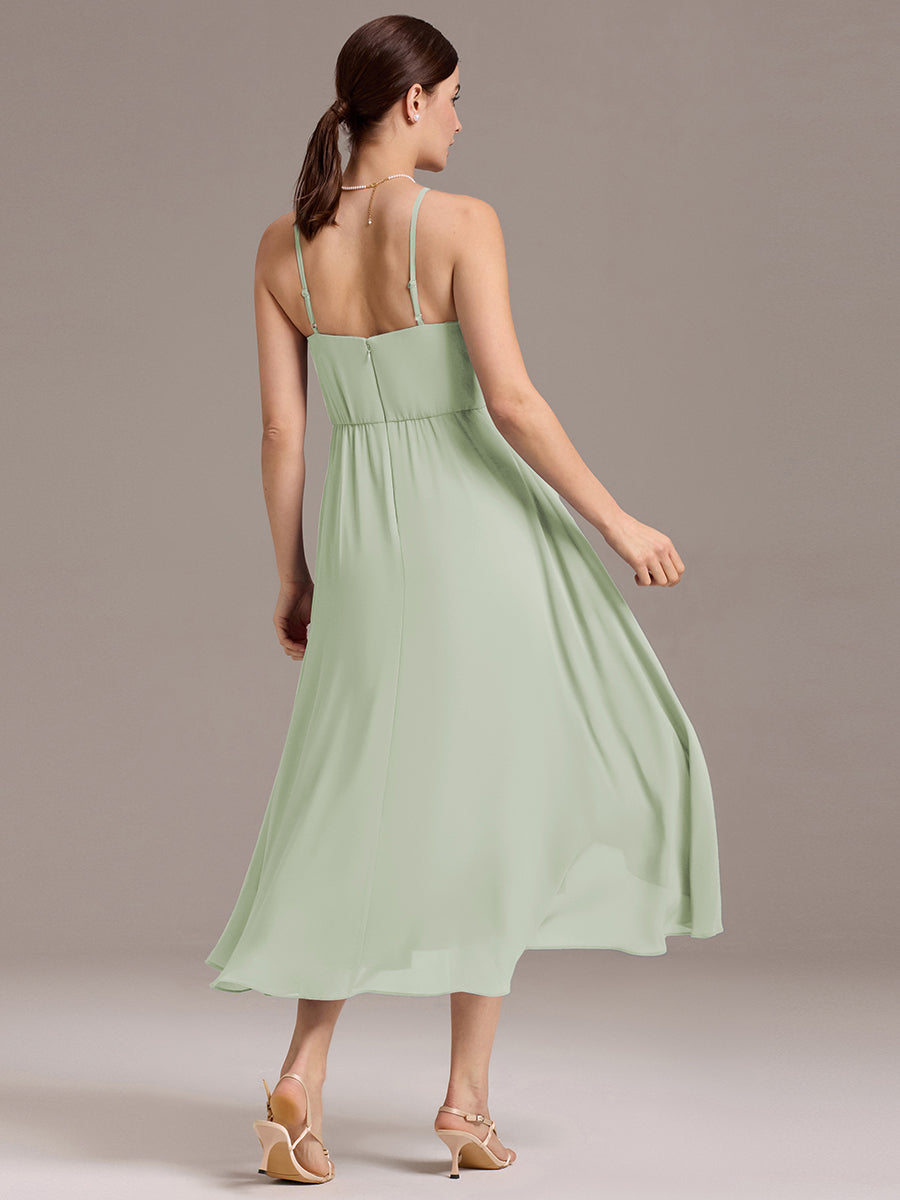 Robe de demoiselle d'honneur mi-longue plissée à bretelles spaghetti et coupe carrée #Couleur_Menthe Verte