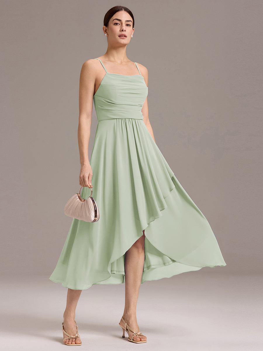 Robe de demoiselle d'honneur mi-longue plissée à bretelles spaghetti et coupe carrée #Couleur_Menthe Verte