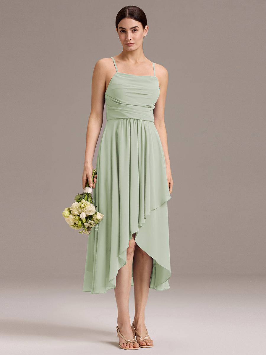Robe de demoiselle d'honneur mi-longue plissée à bretelles spaghetti et coupe carrée #Couleur_Menthe Verte