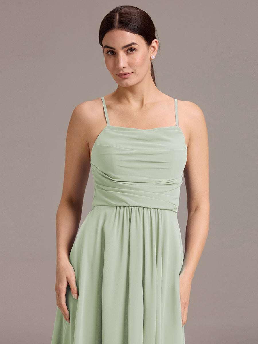Robe de demoiselle d'honneur mi-longue plissée à bretelles spaghetti et coupe carrée #Couleur_Menthe Verte