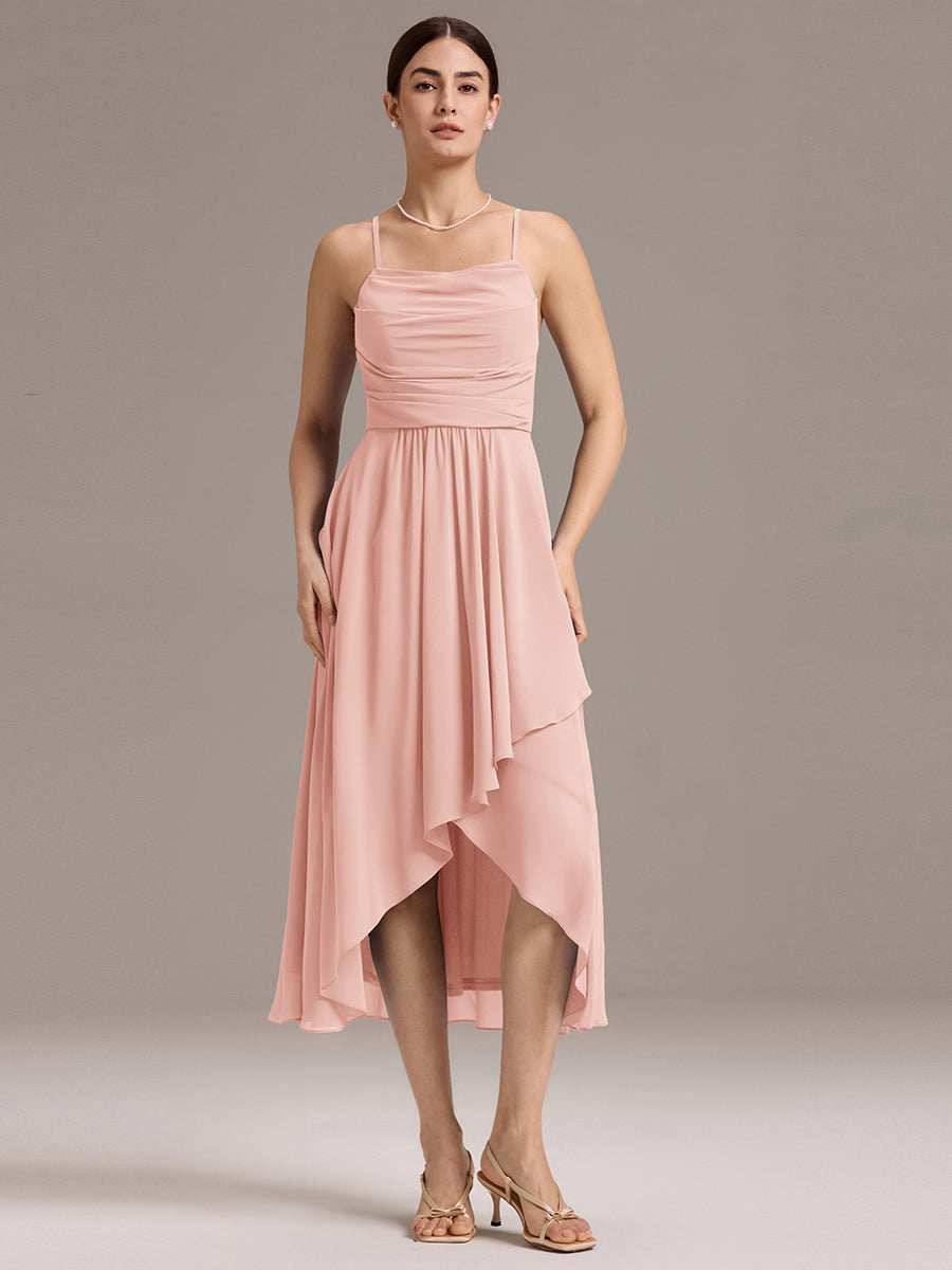Robe de demoiselle d'honneur mi-longue plissée à bretelles spaghetti et coupe carrée #Couleur_Rose