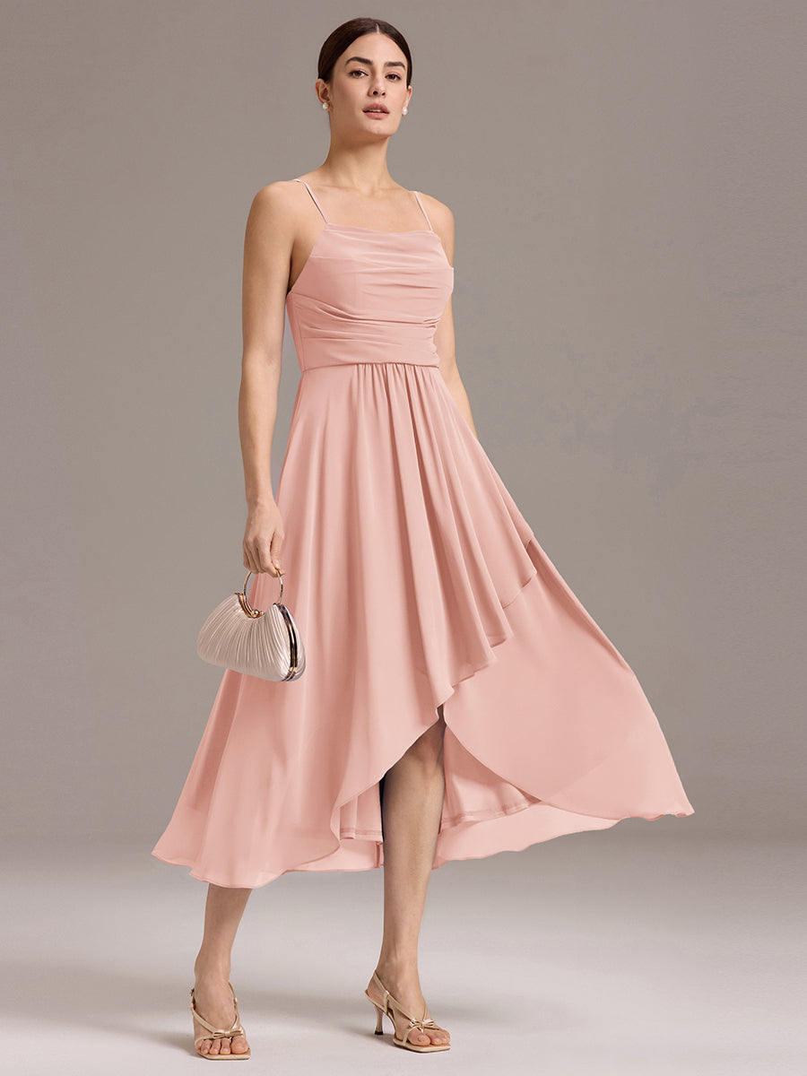 Robe de demoiselle d'honneur mi-longue plissée à bretelles spaghetti et coupe carrée #Couleur_Rose