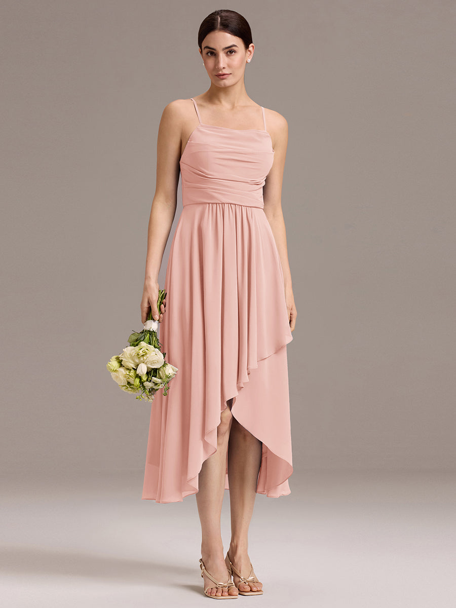 Robe de demoiselle d'honneur mi-longue plissée à bretelles spaghetti et coupe carrée #Couleur_Rose