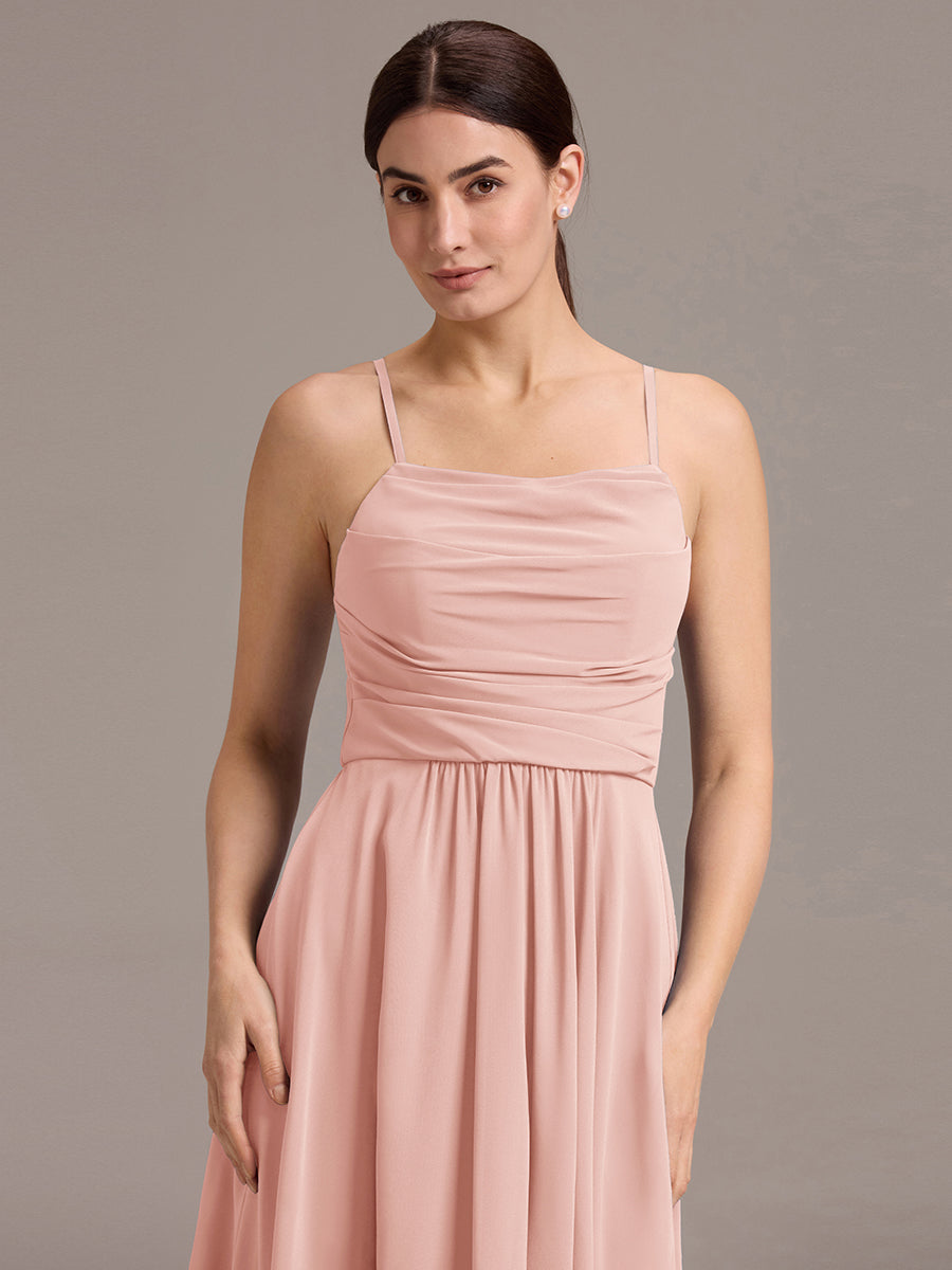 Robe de demoiselle d'honneur mi-longue plissée à bretelles spaghetti et coupe carrée #Couleur_Rose