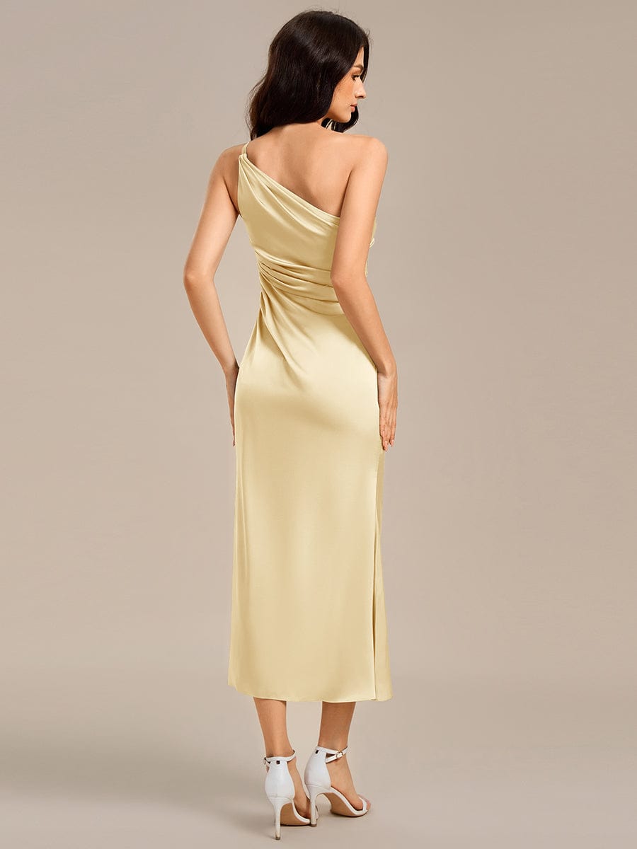 Robe d'invité de mariage trapèze en mousseline fluide à encolure ronde et longueur au genou #Couleur_Jaune