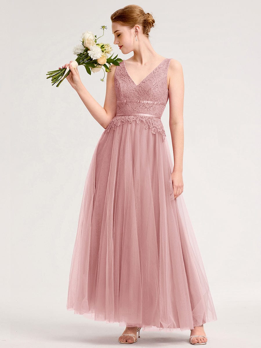 Robe d'invité de mariage trapèze en mousseline fluide à encolure ronde et longueur au genou #Couleur_Rose fumee