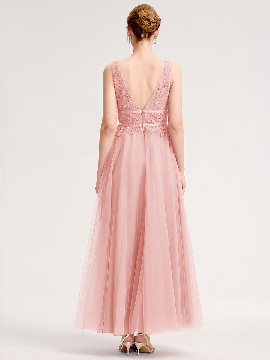 Robe d'invité de mariage trapèze en mousseline fluide à encolure ronde et longueur au genou #Couleur_Rose