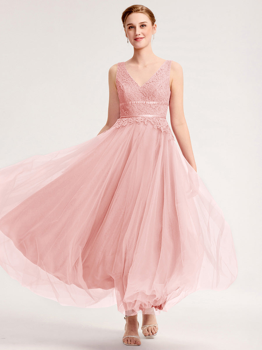 Robe d'invité de mariage trapèze en mousseline fluide à encolure ronde et longueur au genou #Couleur_Rose