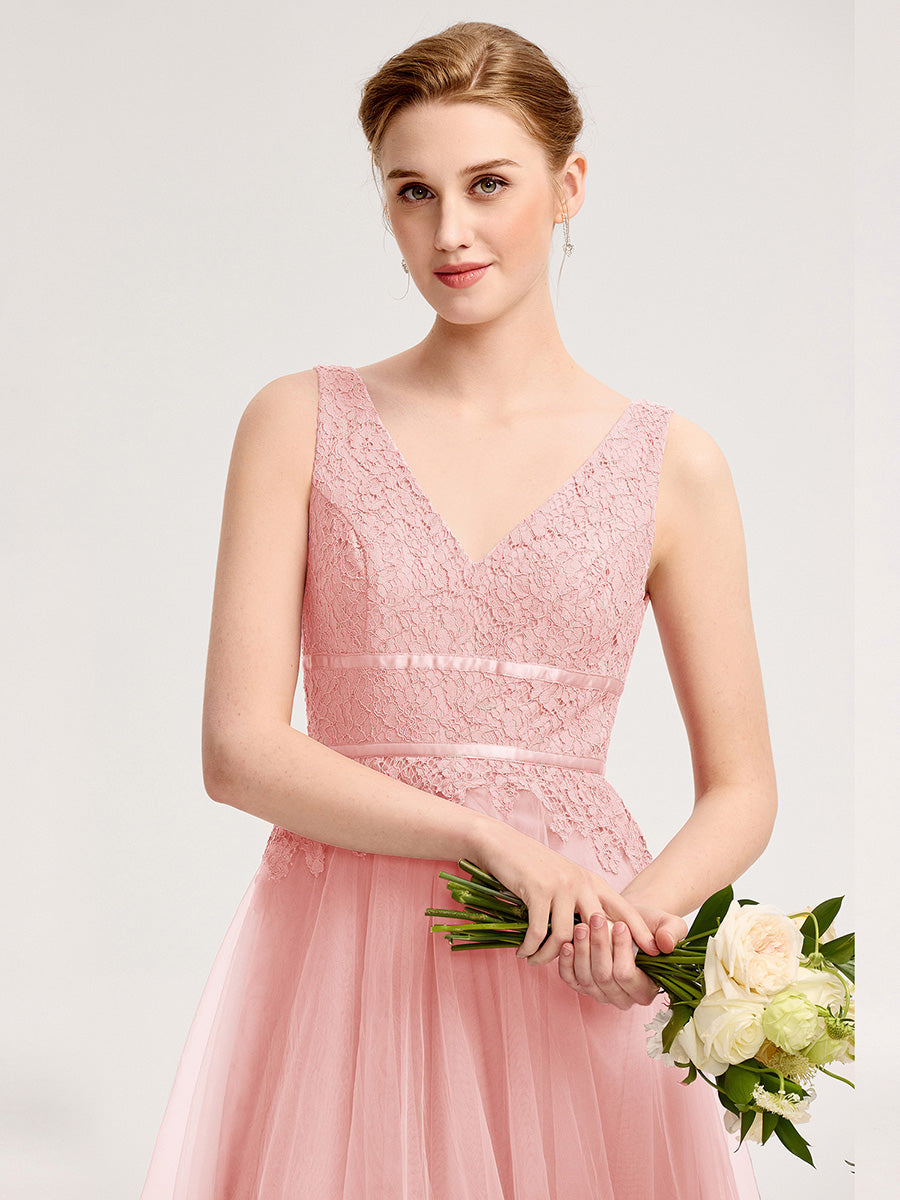 Robe d'invité de mariage trapèze en mousseline fluide à encolure ronde et longueur au genou #Couleur_Rose