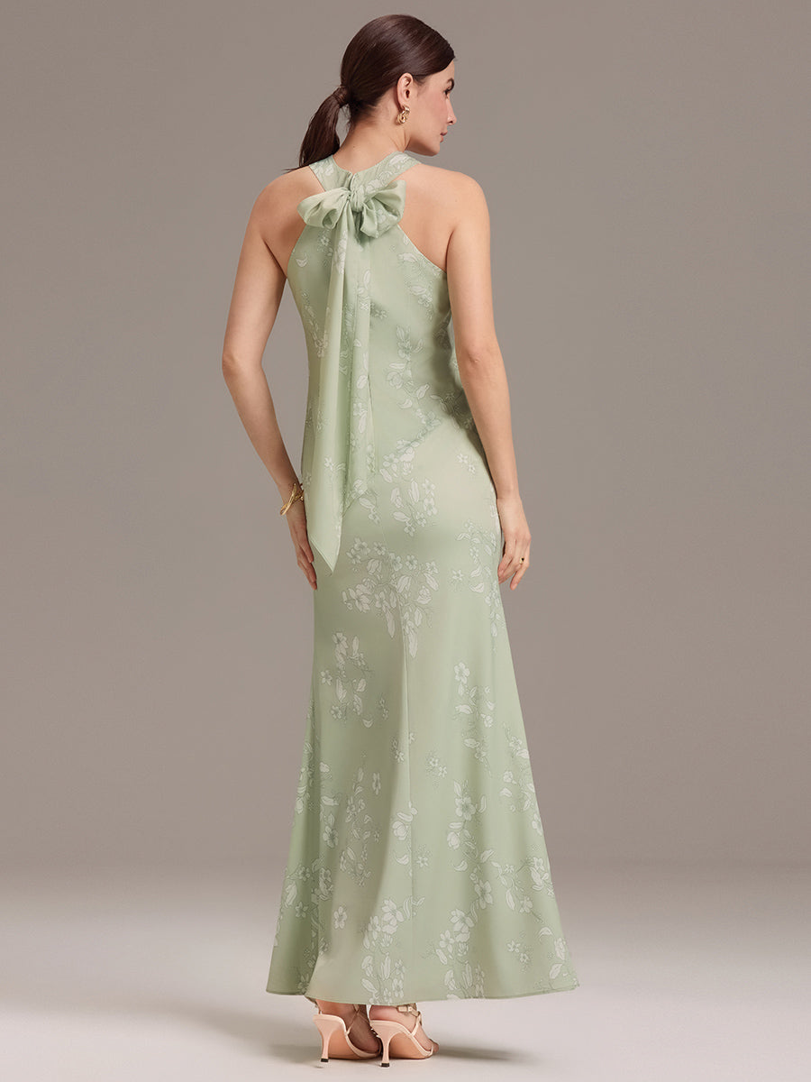 Robe de demoiselle d'honneur longue en satin avec nœud papillon croisé dans le dos #Couleur_Céladon Primevère Vintage