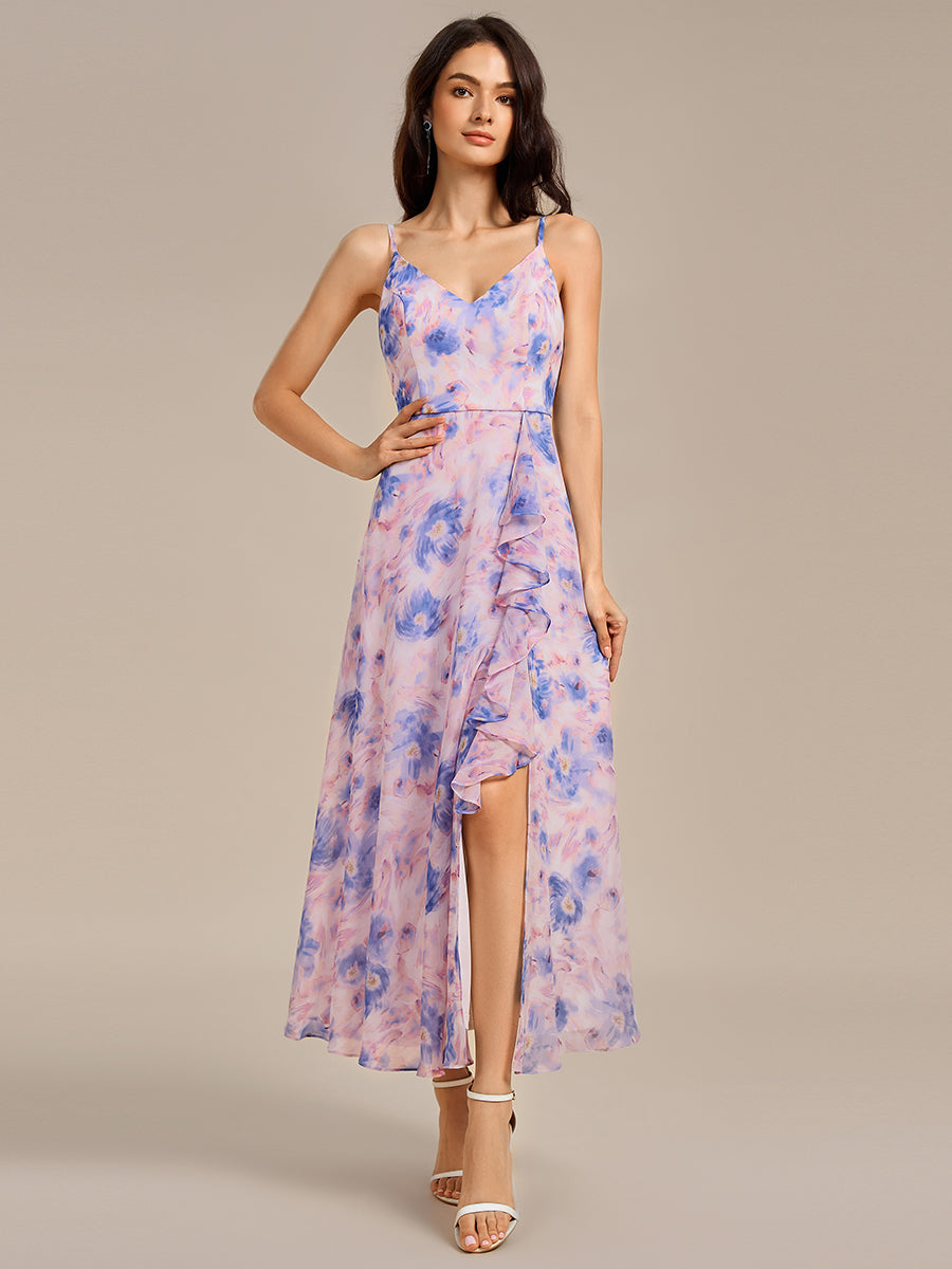 Robe de demoiselle d'honneur longue à volants et col en V #Couleur_Azur Méditerranée
