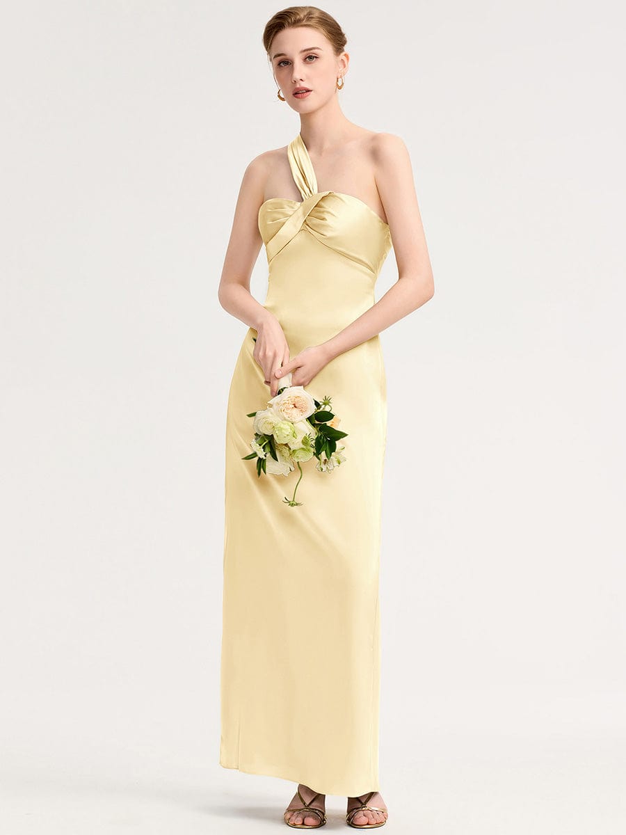 Robe d'invité de mariage trapèze en mousseline fluide à encolure ronde et longueur au genou #Couleur_Jaune