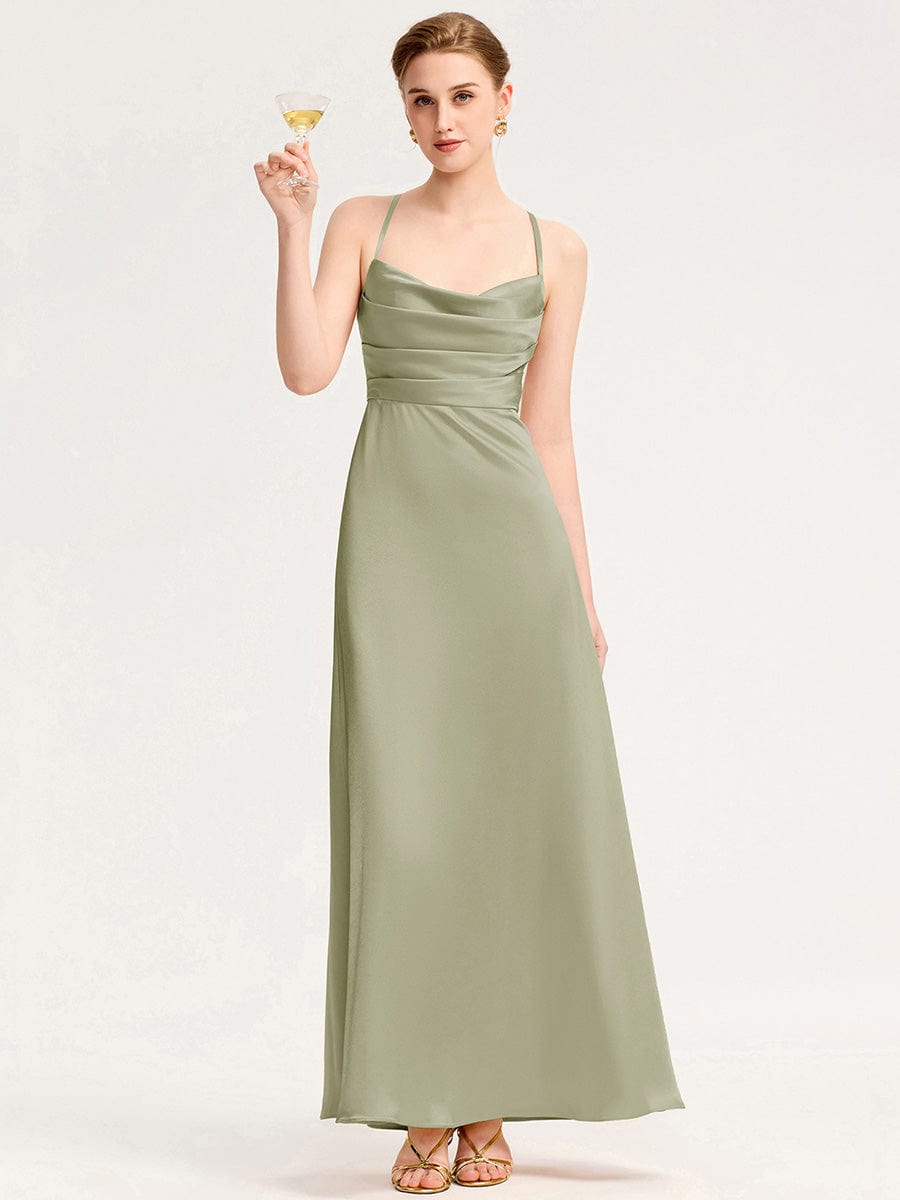 Robe d'invité de mariage trapèze en mousseline fluide à encolure ronde et longueur au genou #Couleur_Vert sauge