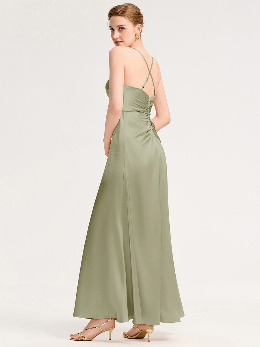 Robe d'invité de mariage trapèze en mousseline fluide à encolure ronde et longueur au genou #Couleur_Vert sauge