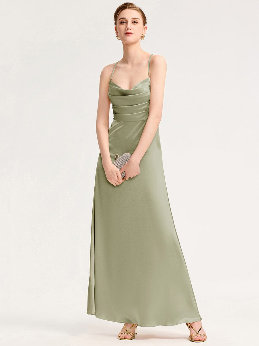 Robe d'invité de mariage trapèze en mousseline fluide à encolure ronde et longueur au genou #Couleur_Vert sauge