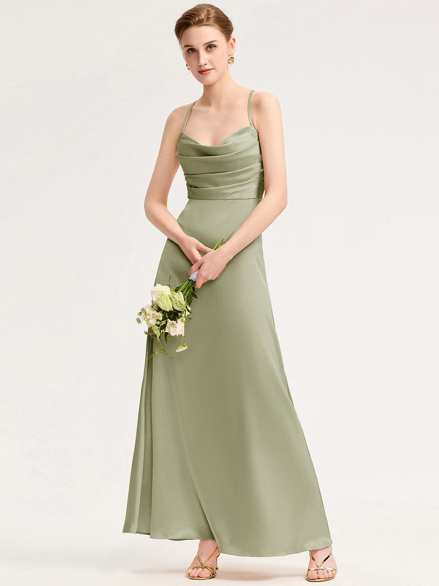 Robe d'invité de mariage trapèze en mousseline fluide à encolure ronde et longueur au genou #Couleur_Vert sauge