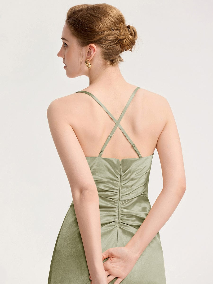 Robe d'invité de mariage trapèze en mousseline fluide à encolure ronde et longueur au genou #Couleur_Vert sauge