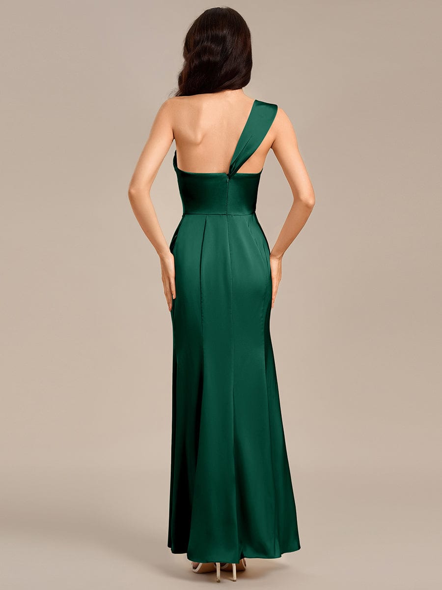 Robe de demoiselle d'honneur sirène en satin à épaules dénudées et fente haute #Couleur_Vert Fonce