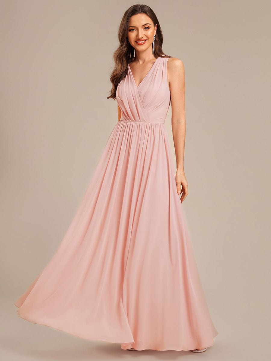 Robe d'invité de mariage trapèze en mousseline fluide à encolure ronde et longueur au genou #Couleur_Rose