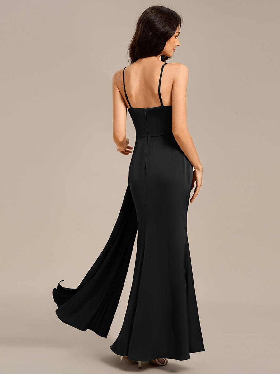 Robe de demoiselle d'honneur sirène en satin à bretelles spaghetti et fente latérale #Couleur_Noir