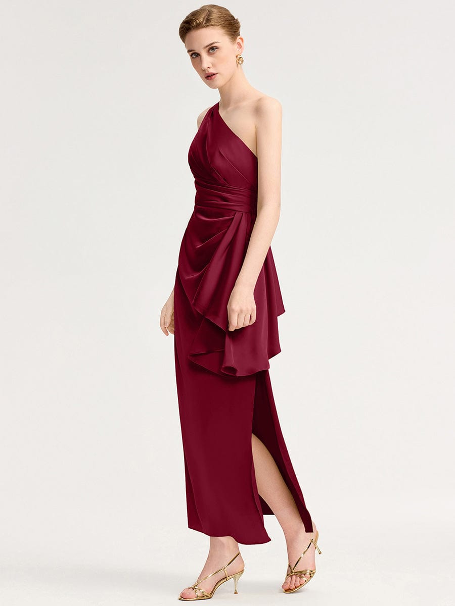 Robe d'invité de mariage trapèze en mousseline fluide à encolure ronde et longueur au genou #Couleur_Bordeaux